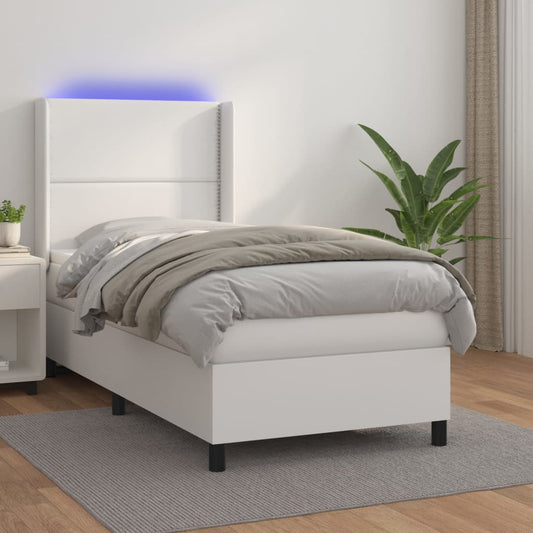 Cama box spring c/ colchão/LED 90x200cm couro artificial branco