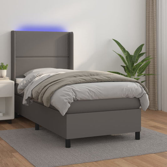 Cama box spring c/ colchão/LED 90x200 cm couro artificial cinza