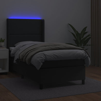 Cama box spring c/ colchão/LED 100x200cm couro artificial preto