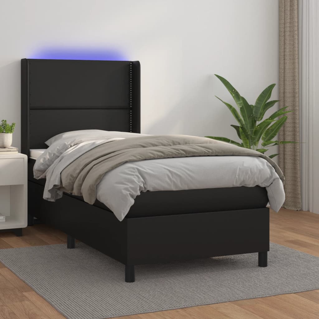 Cama box spring c/ colchão/LED 100x200cm couro artificial preto