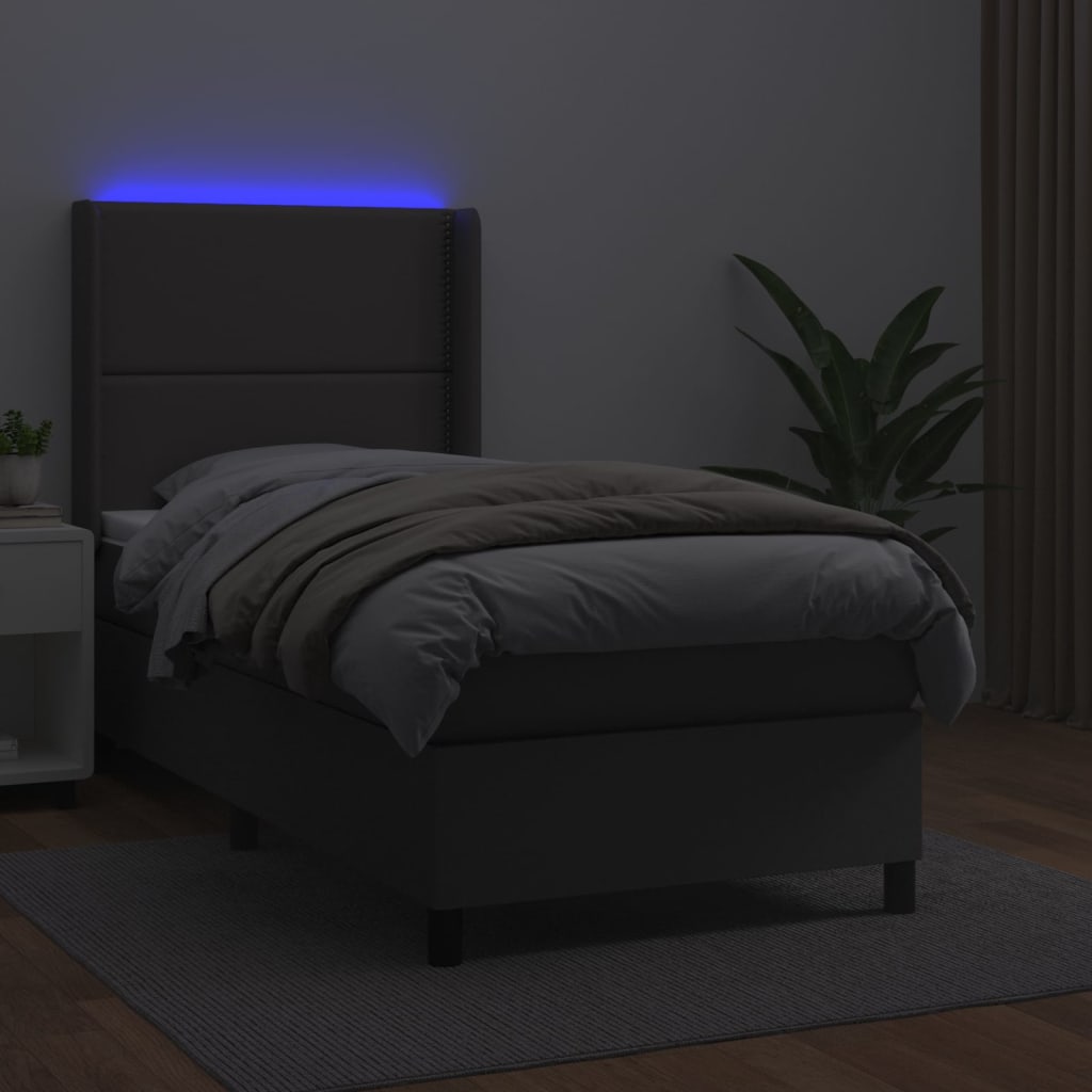 Cama box spring c/ colchão/LED 100x200cm couro artificial cinza