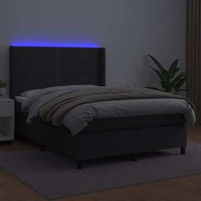 Cama box spring c/ colchão/LED 140x190cm couro artificial preto