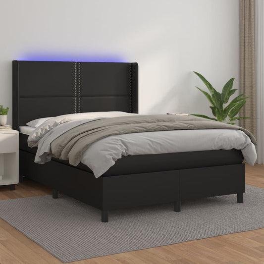 Cama box spring c/ colchão/LED 140x190cm couro artificial preto