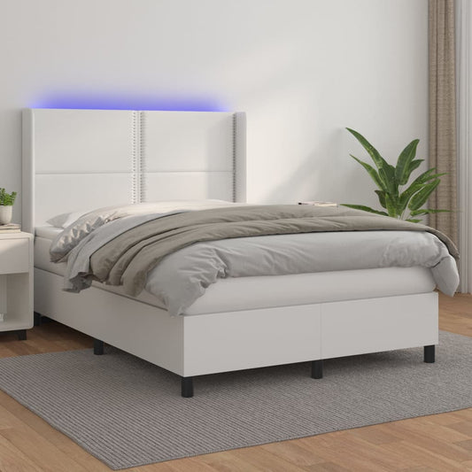 Cama box spring c/colchão/LED 140x190cm couro artificial branco