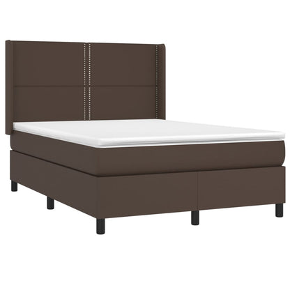 Cama box spring c/ colchão/LED 140x190 cm couro artif. castanho