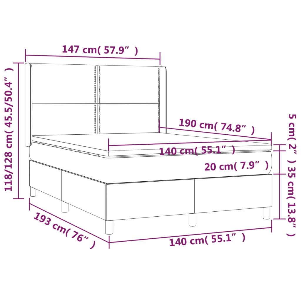 Cama box spring c/ colchão/LED 140x190 cm couro artif. castanho