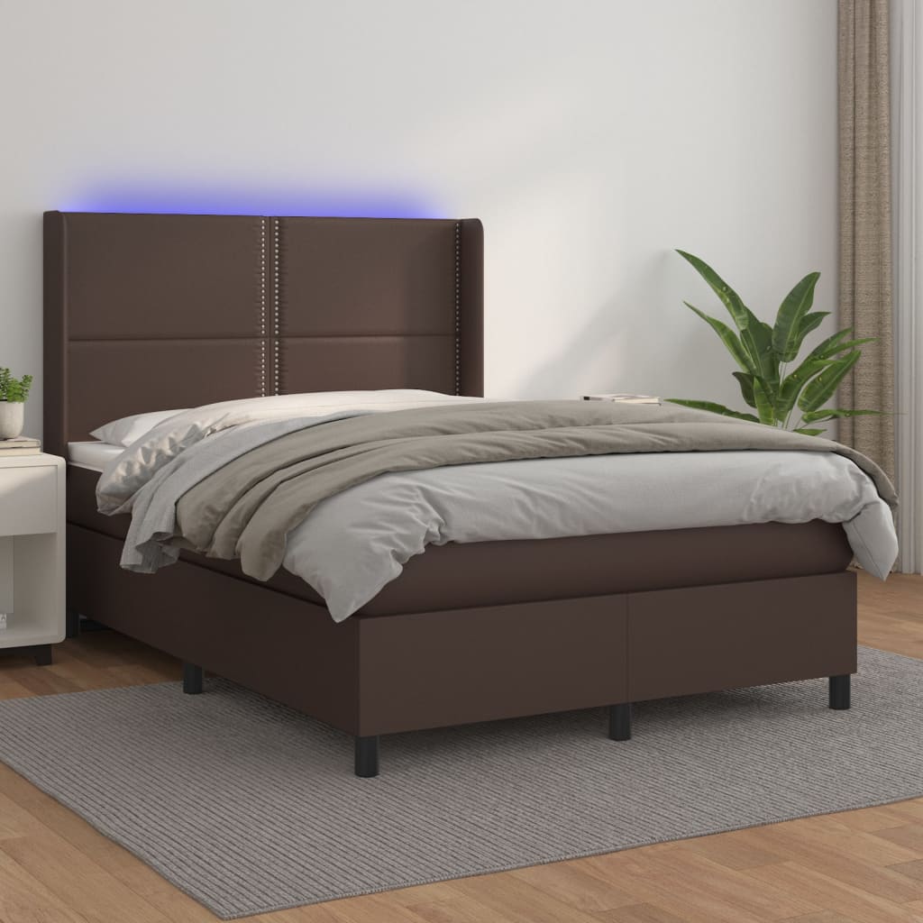 Cama box spring c/ colchão/LED 140x190 cm couro artif. castanho