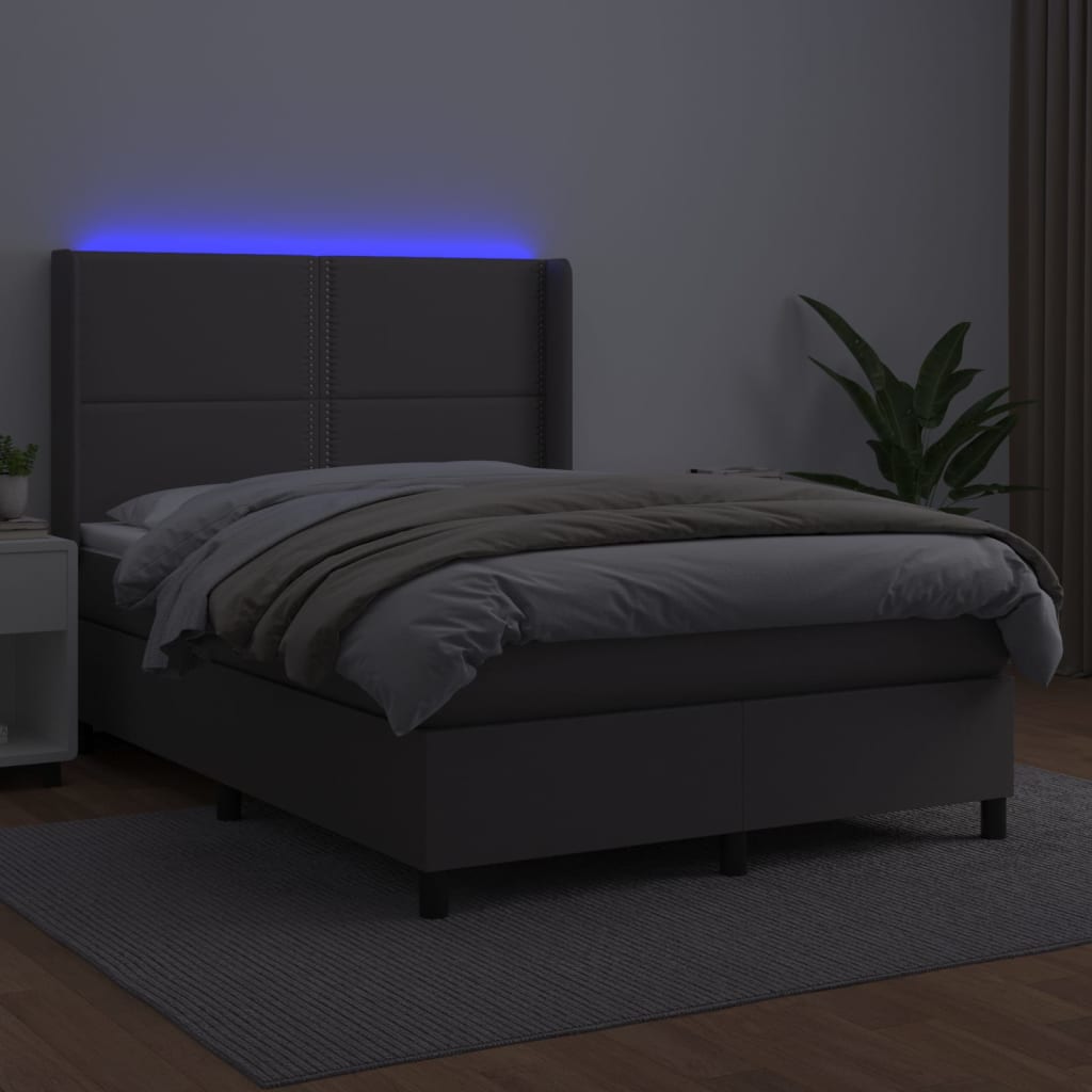 Cama box spring c/ colchão/LED 140x190cm couro artificial cinza