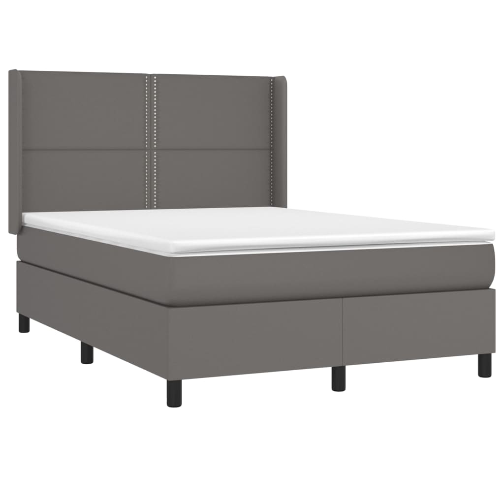 Cama box spring c/ colchão/LED 140x190cm couro artificial cinza