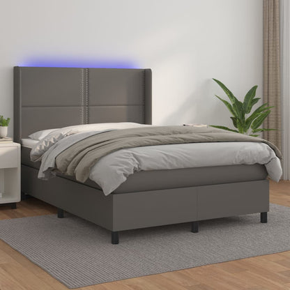 Cama box spring c/ colchão/LED 140x190cm couro artificial cinza