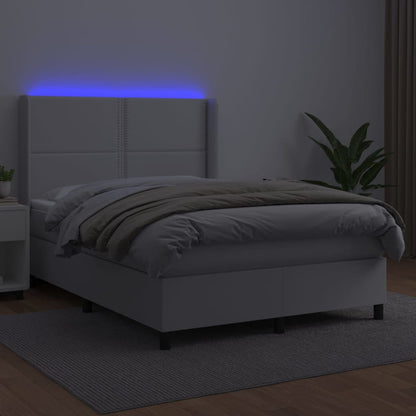 Cama box spring c/colchão/LED 140x200cm couro artificial branco