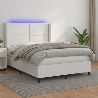 Cama box spring c/colchão/LED 140x200cm couro artificial branco