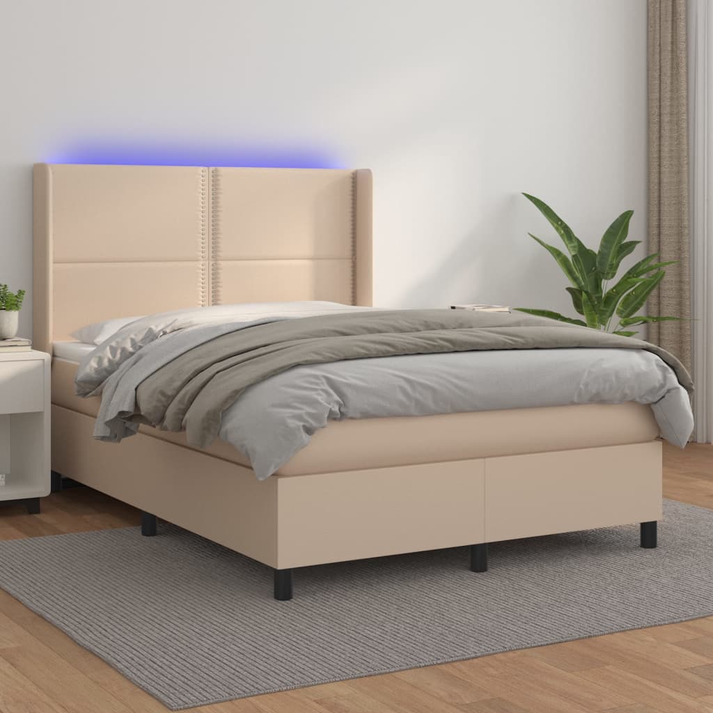 Cama box spring c/colchão/LED 140x200cm couro artif. cappuccino