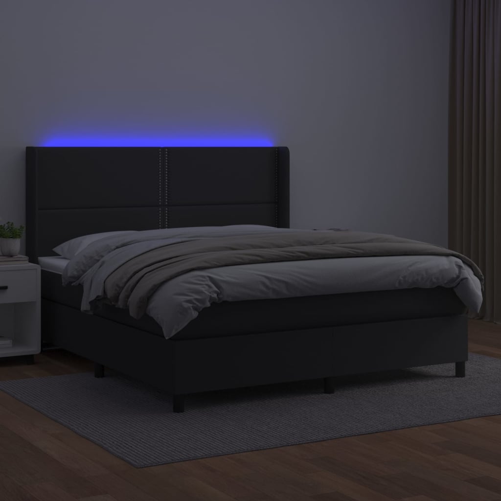 Cama box spring c/ colchão/LED 160x200cm couro artificial preto