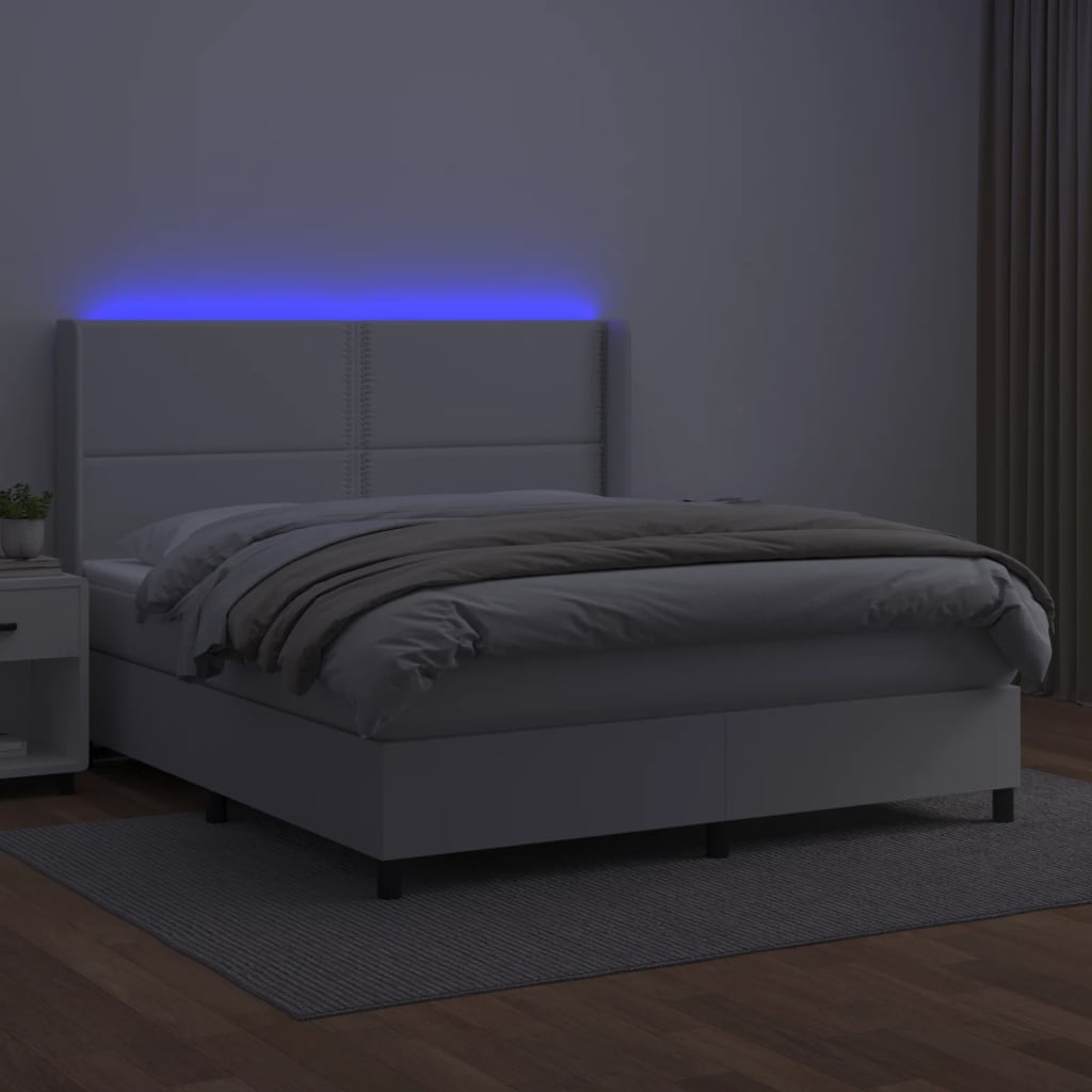 Cama box spring c/colchão/LED 160x200cm couro artificial branco