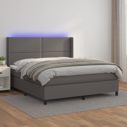 Cama box spring c/ colchão/LED 160x200cm couro artificial cinza