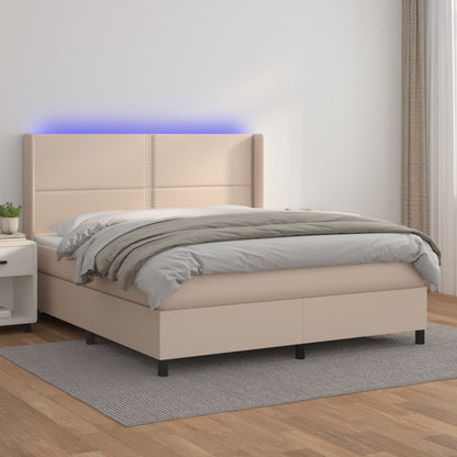 Cama box spring c/colchão/LED 160x200cm couro artif. cappuccino