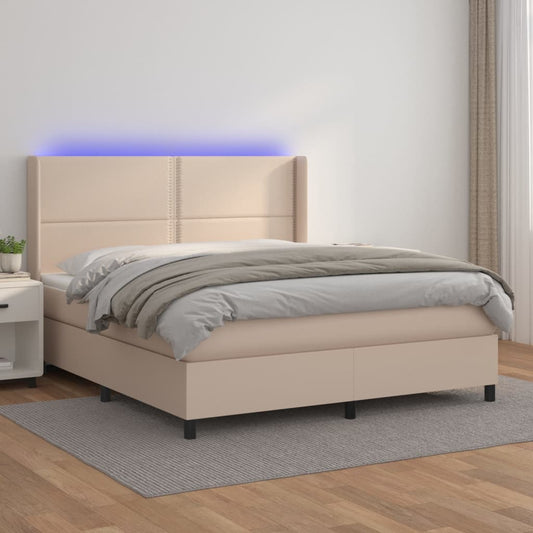 Cama box spring c/colchão/LED 160x200cm couro artif. cappuccino