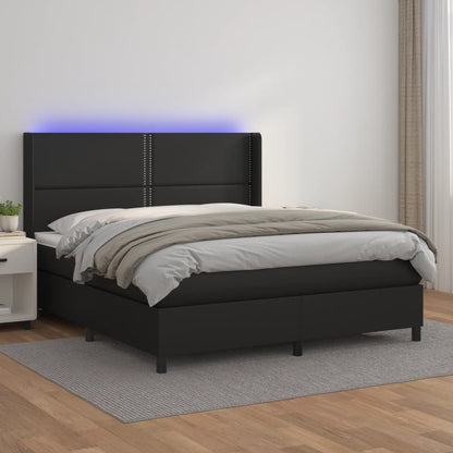 Cama box spring c/ colchão/LED 180x200cm couro artificial preto