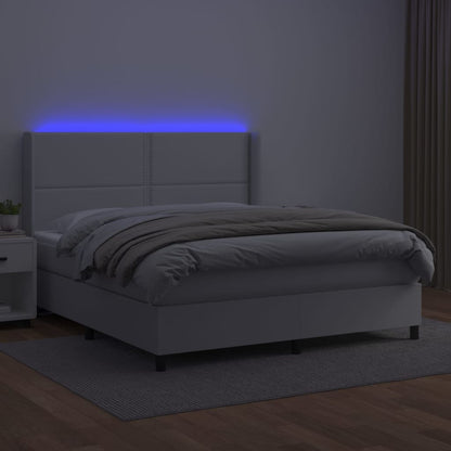 Cama box spring c/colchão/LED 180x200cm couro artificial branco