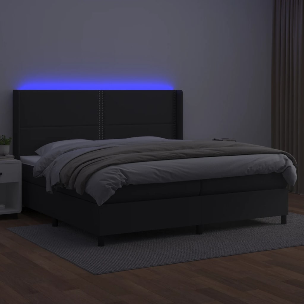 Cama box spring c/ colchão/LED 200x200cm couro artificial preto