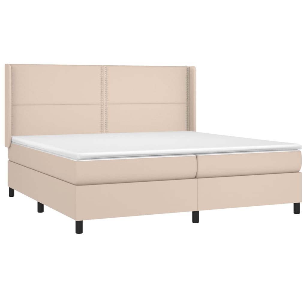 Cama box spring c/colchão/LED 200x200cm couro artif. cappuccino