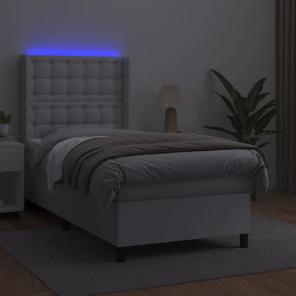 Cama box spring c/ colchão/LED 80x200cm couro artificial branco