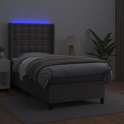 Cama box spring c/ colchão/LED 80x200 cm couro artificial cinza