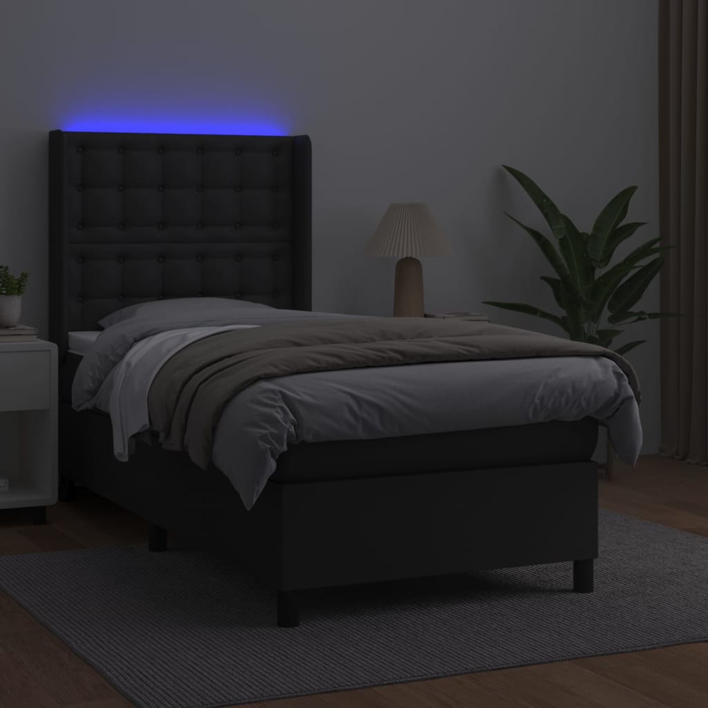 Cama box spring c/ colchão/LED 90x190 cm couro artificial preto