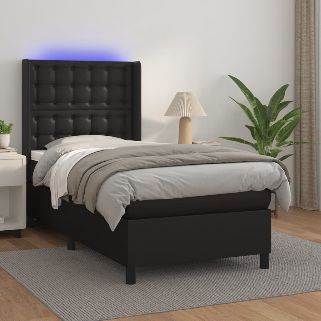 Cama box spring c/ colchão/LED 90x190 cm couro artificial preto