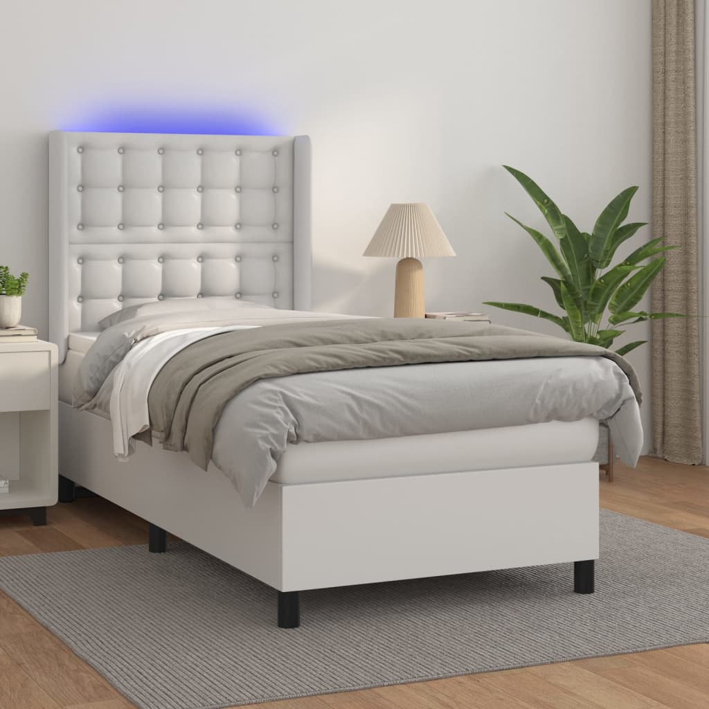 Cama box spring c/ colchão/LED 90x190cm couro artificial branco