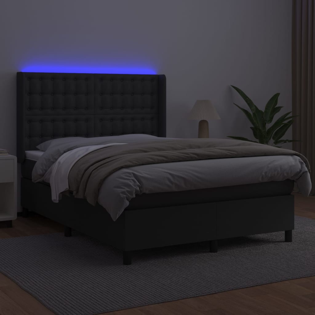 Cama box spring c/ colchão/LED 140x190cm couro artificial preto