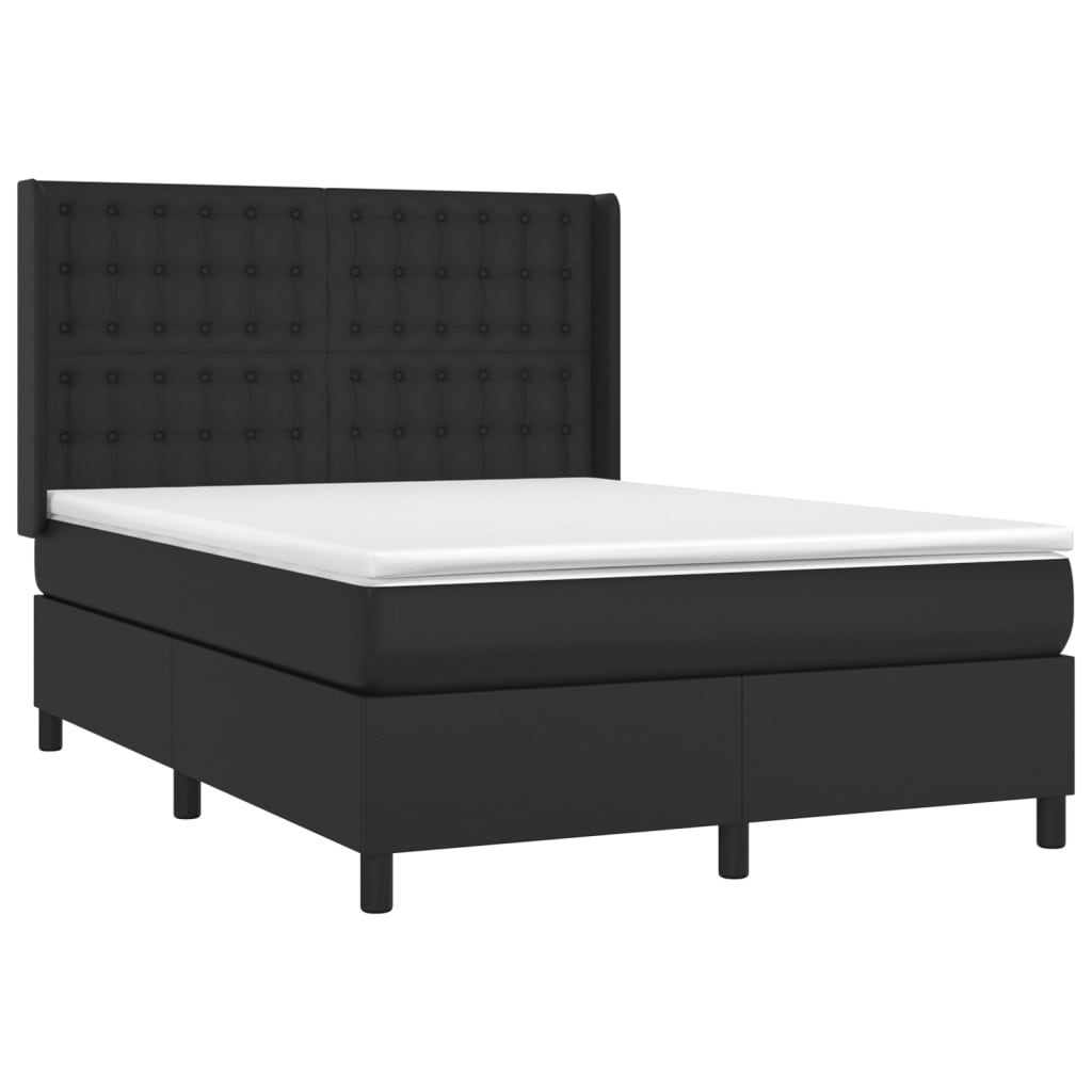 Cama box spring c/ colchão/LED 140x190cm couro artificial preto