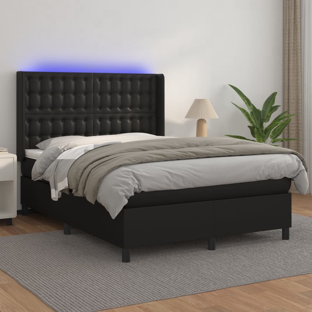 Cama box spring c/ colchão/LED 140x190cm couro artificial preto