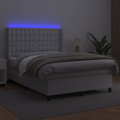 Cama box spring c/colchão/LED 140x190cm couro artificial branco