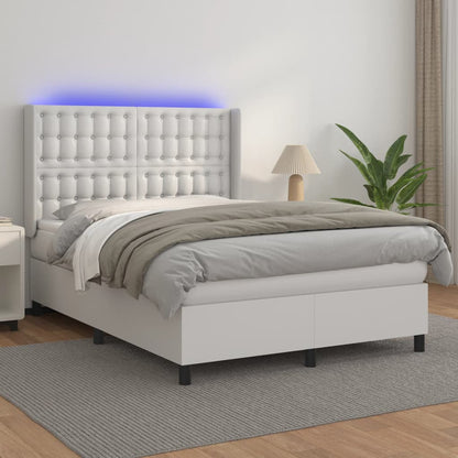 Cama box spring c/colchão/LED 140x190cm couro artificial branco