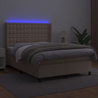 Cama box spring c/colchão/LED 140x190cm couro artif. cappuccino