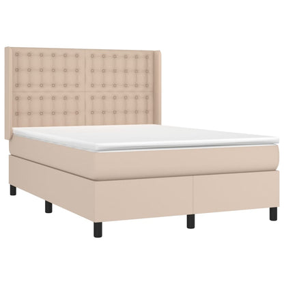 Cama box spring c/colchão/LED 140x190cm couro artif. cappuccino