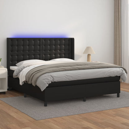 Cama box spring c/ colchão/LED 160x200cm couro artificial preto