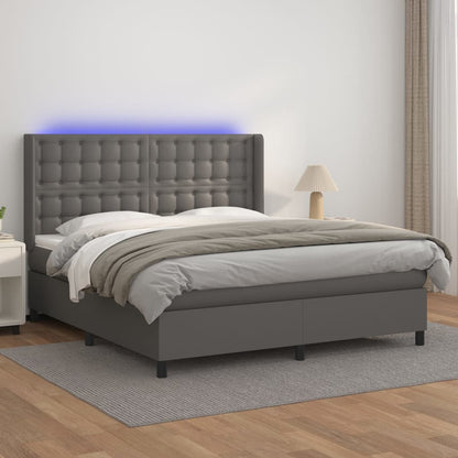 Cama box spring c/ colchão/LED 160x200cm couro artificial cinza