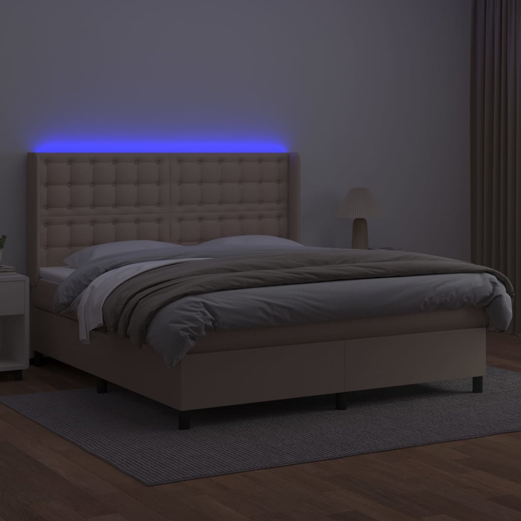 Cama box spring c/colchão/LED 160x200cm couro artif. cappuccino