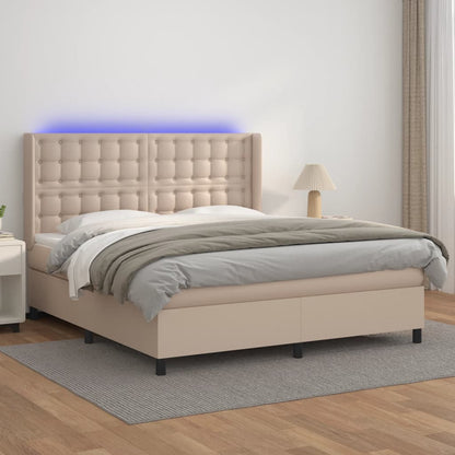 Cama box spring c/colchão/LED 160x200cm couro artif. cappuccino