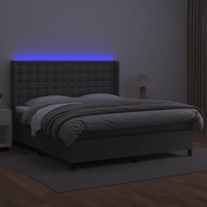 Cama box spring c/ colchão/LED 180x200cm couro artificial cinza