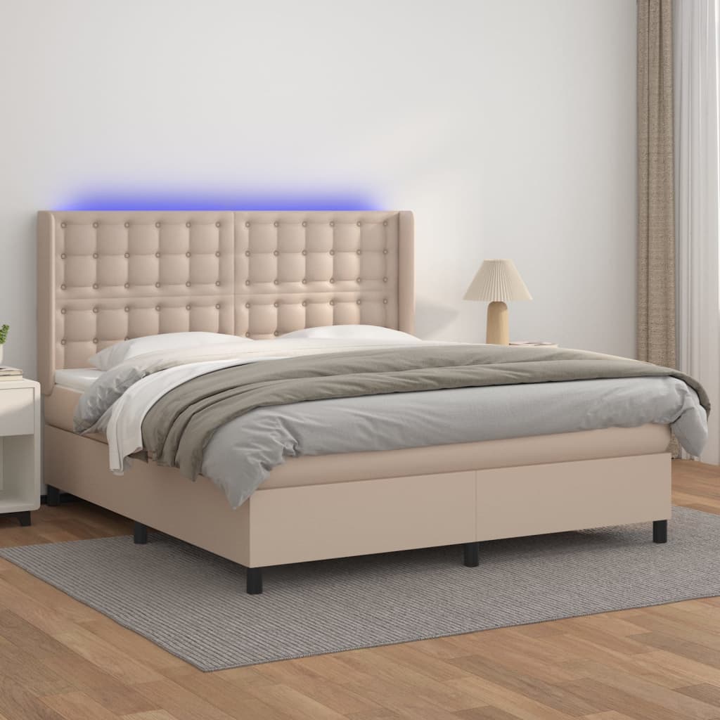 Cama box spring c/colchão/LED 180x200cm couro artif. cappuccino