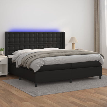 Cama box spring c/ colchão/LED 200x200cm couro artificial preto