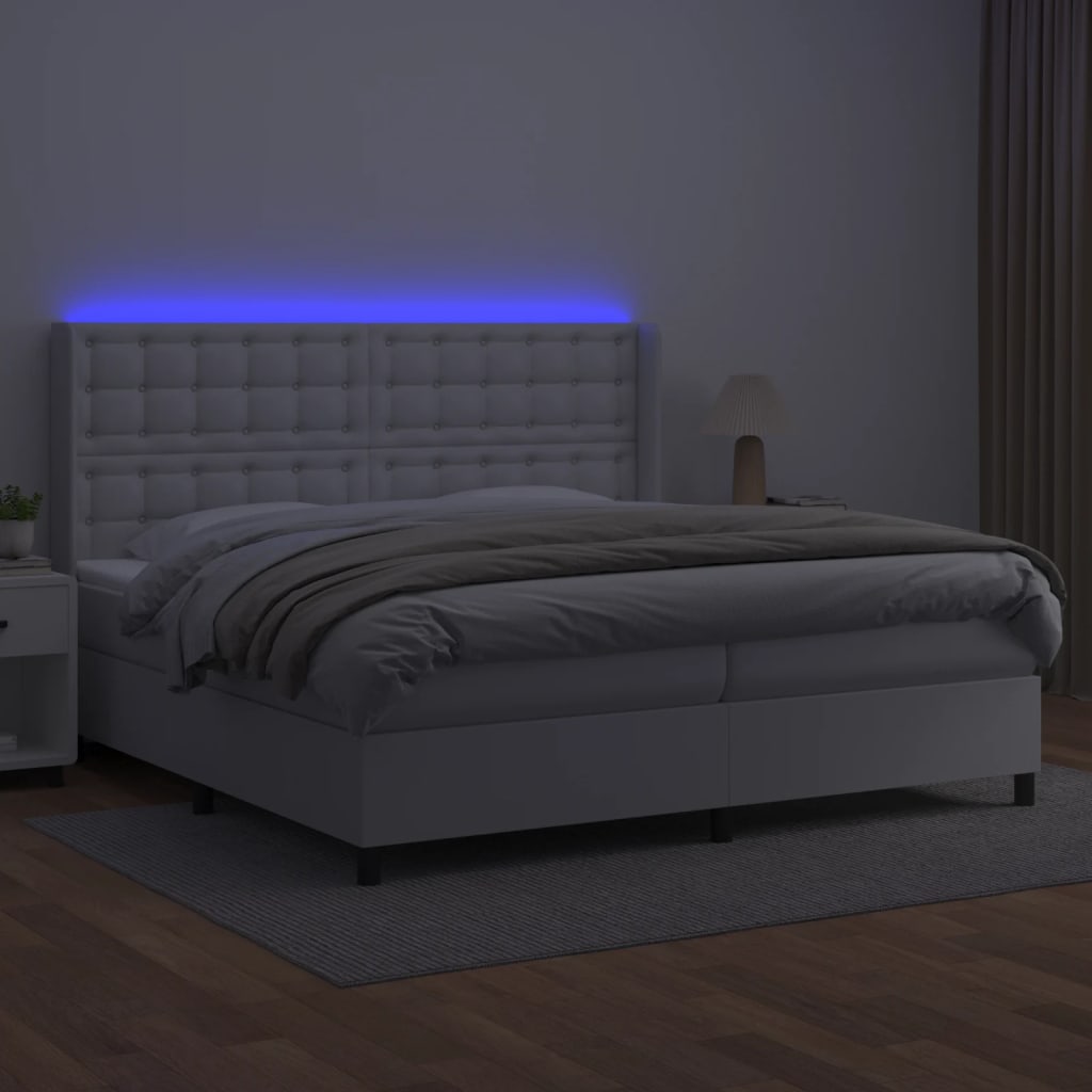 Cama box spring c/colchão/LED 200x200cm couro artificial branco