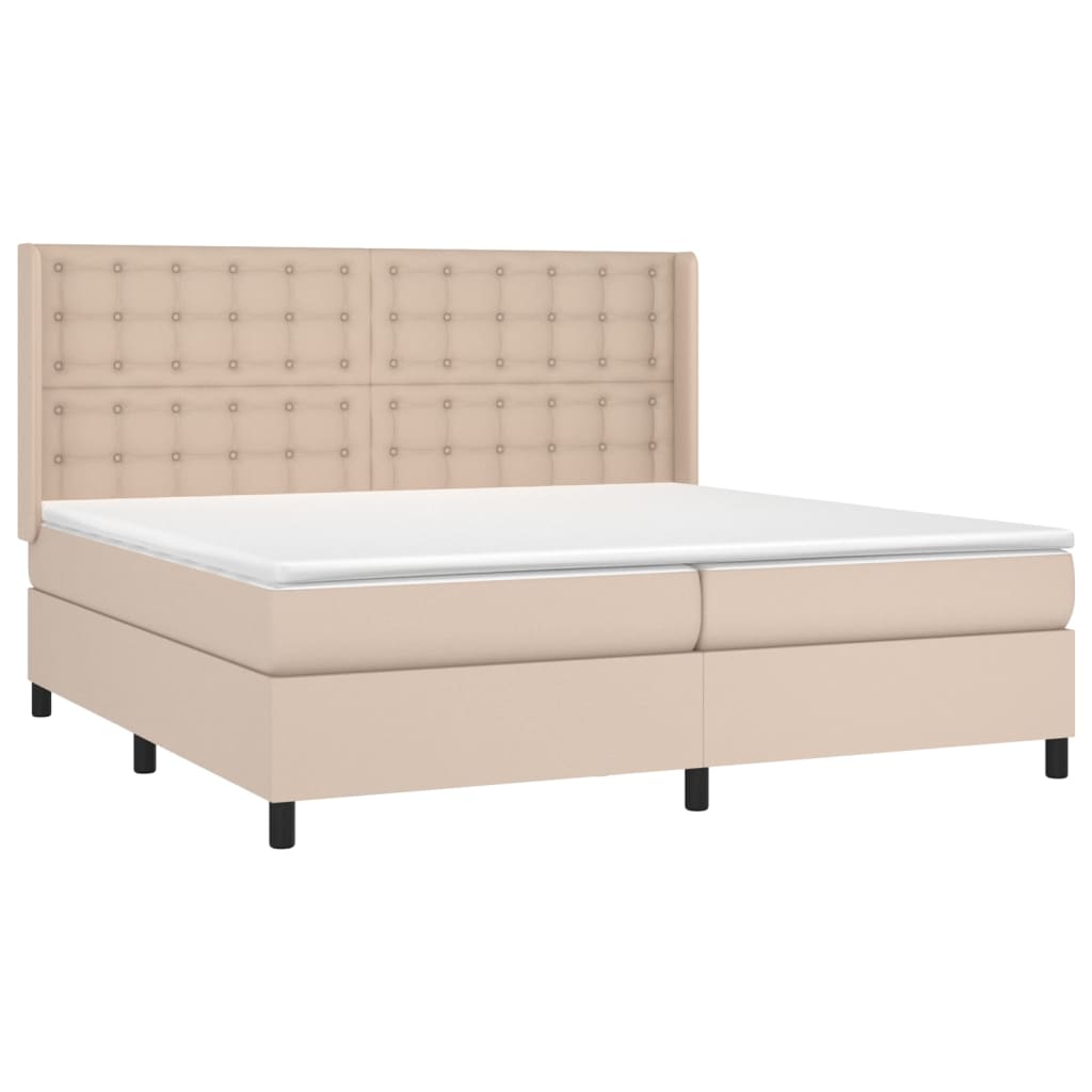 Cama box spring c/colchão/LED 200x200cm couro artif. cappuccino