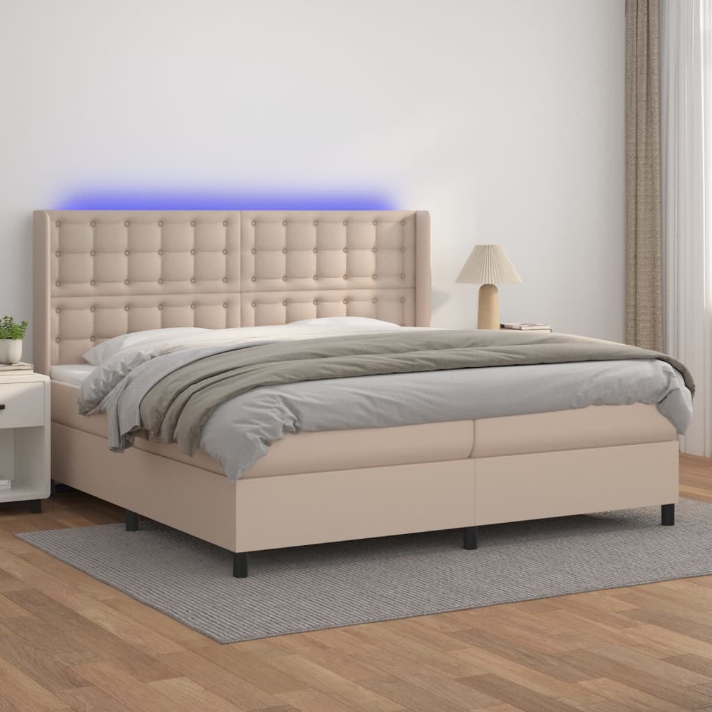 Cama box spring c/colchão/LED 200x200cm couro artif. cappuccino