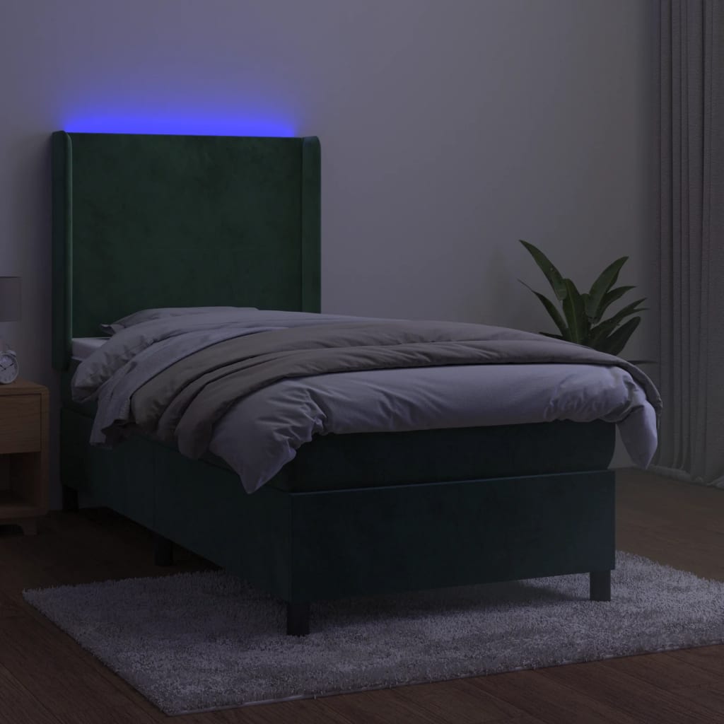 Cama box spring c/ colchão/LED 80x200 cm veludo verde-escuro