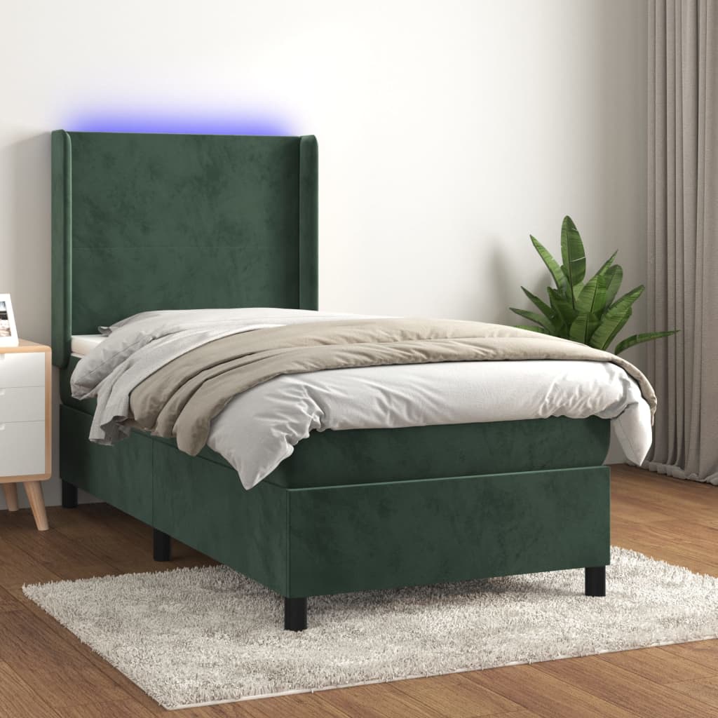 Cama box spring c/ colchão/LED 80x200 cm veludo verde-escuro